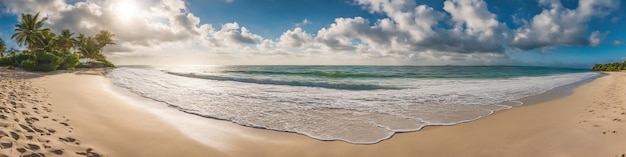 Meeresküstenpanorama bei ruhigem Wetter mit kleinen Wellen, blauem Himmel, weißen Wolken und strahlender Sonne. Meereslandschaftsillustration. Generative KI