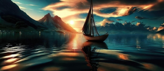 Meereslandschaft Ein faszinierender Blick auf ein Segelboot, das bei Sonnenuntergang anmutig durch das ruhige Meer fährt