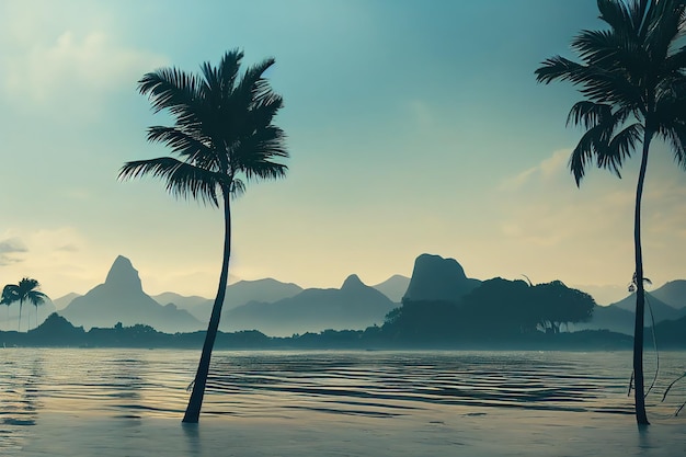 Meereslandschaft mit Bergen am Horizont und einsamen hohen Palmen, die im Wasser unter einem bewölkten Himmel 3D-Illustration stehen
