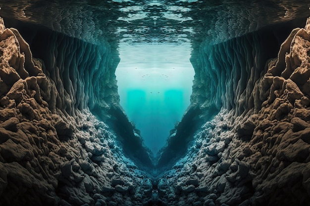 Foto meereslandschaft schlucht überflutet mit wasser meereswelle unterwasserhöhle auf dem boden des ozeans ki