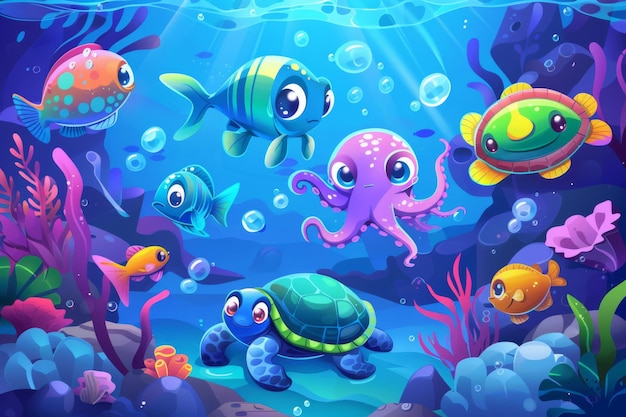Meeresleben unter Wasser Cartoon-Illustration von Fischen und Meerestieren Meereslandschaft mit Oktopus-Schildkröte und anderen Fischen