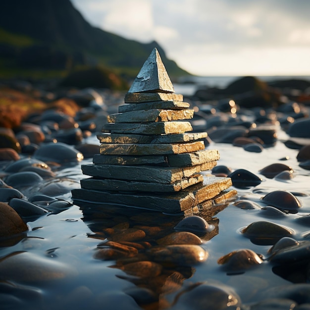 Meeresmonument Die Steine an der Meeresküste bilden eine Pyramide, die die alten Traditionen durch Wellen widerspiegelt.