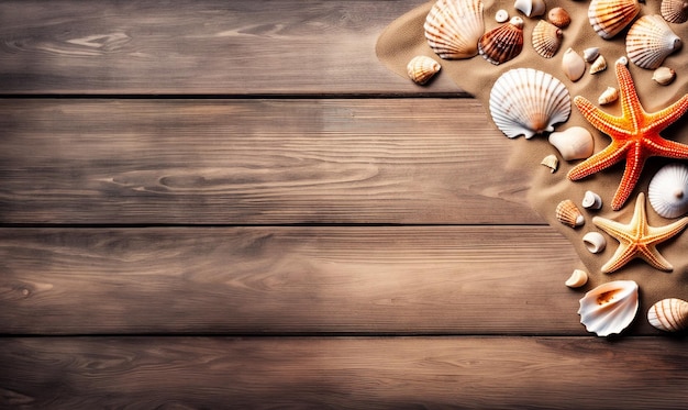 Meeressand mit Seesternen und Muscheln auf Holztisch Draufsicht mit Kopierraum getönt