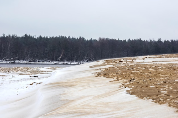 Meeressand mit weißem Schnee, grauem Himmel und dunkelgrünen Bäumen