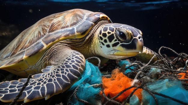 Meeresschildkröte im Plastikmüll gefangen