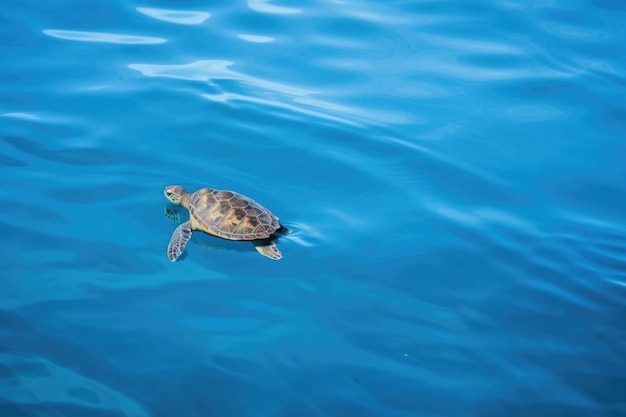 Meeresschildkröte schwimmt über ein ruhiges und heiteres blaues Meer, geschaffen mit generativer KI