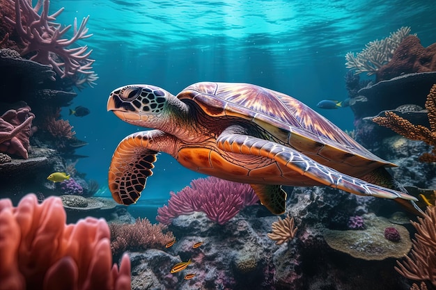 Meeresschildkröte schwimmt unter Wasser vor dem Hintergrund von Korallenriffen