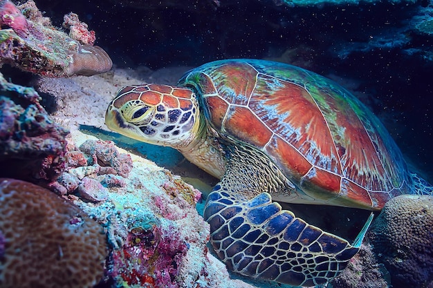 Meeresschildkröte unter Wasser / exotische Natur Meerestier Unterwasserschildkröte
