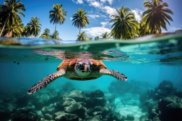 Meeresschildkröten schwimmen Splitview tropische Insel mit Strand und Palmen Hintergrund mit leerem Raum für