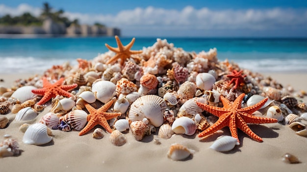 Meeressterne und Muscheln am Sandstrand am Meer