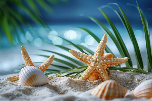 Foto meeressterne und muscheln an einem sonnigen strand mit kristallklarem wasser