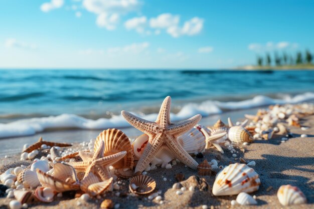 Meeressterne und Muscheln schmücken den Strand, das beste Sommerbild