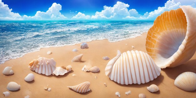 Meeresstrand an einem sonnigen Tag mit einer großen und mehreren kleinen Muscheln Seascape Illustration mit Sandstrand Wellen türkisfarbenes Wasser und Himmel mit weißen Wolken Generative KI