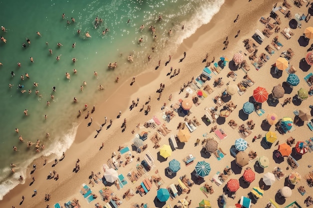 Meeresstrand mit bunten Sonnenschirmen und entspannenden Menschen Draufsicht Generative KI