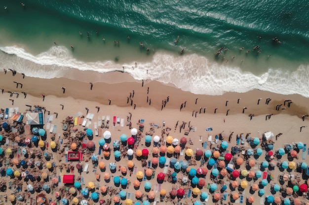 Meeresstrand mit bunten Sonnenschirmen und entspannenden Menschen Draufsicht Generative KI