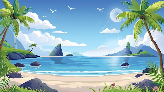 Meerestrand, Felsinseln im Wasser und Wolken am blauen Himmel, Vektor-Cartoon, Sommerlandschaft am Meer, Berge, grünes Gras und Palmen am Sandstrand.