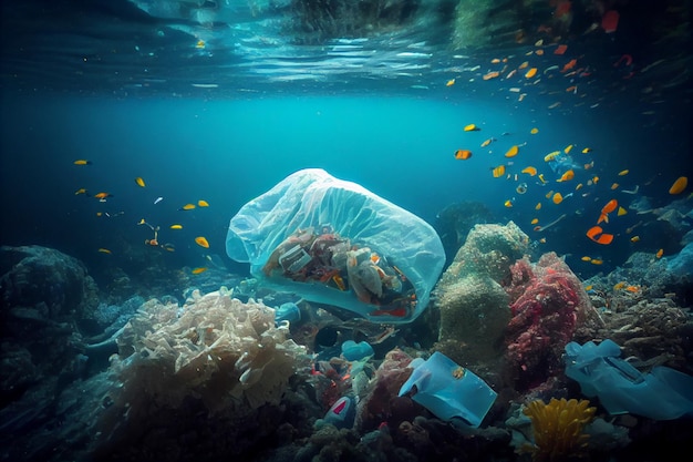 Meeresverschmutzung durch Plastik, Unterwassertaschen, Flaschen, Tassen, Strohhalme und Ohrstöpsel, AI-generiert