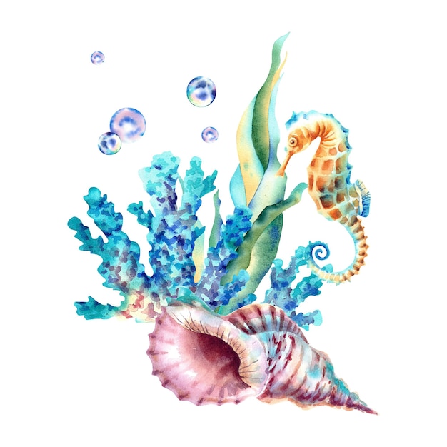 Meereszusammensetzung Seashell Seahorse Algenkorallen und Blasen Aquarellillustration