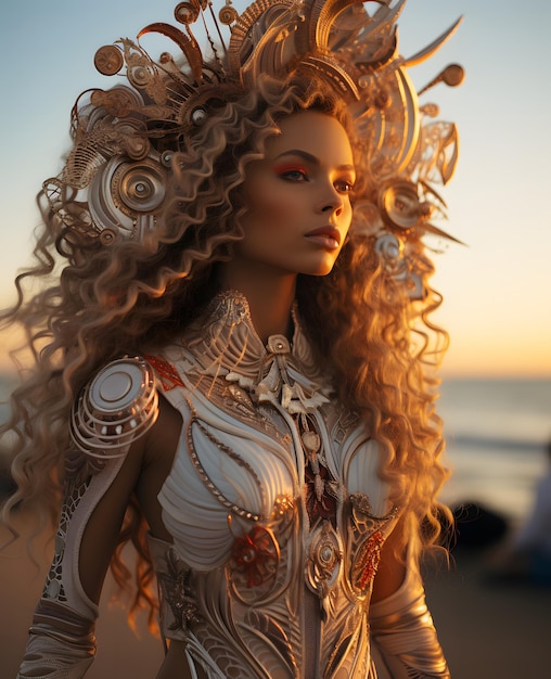 Meerjungfrau-Frau am Strand bei Sonnenuntergang