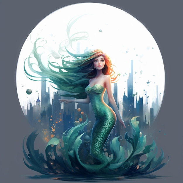 Meerjungfrau mit langen Haaren steht vor einer generativen Vollmond-KI