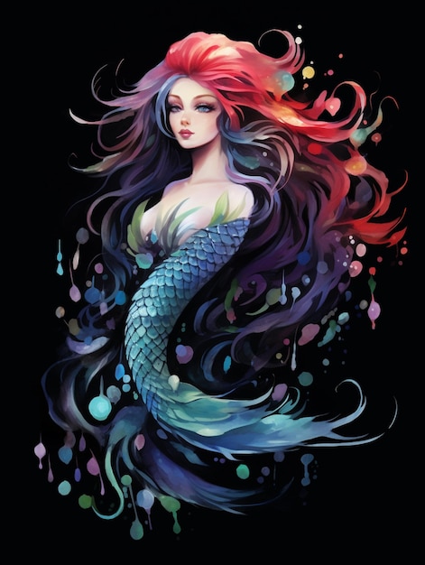 Meerjungfrau mit langen Haaren und farbenfrohen Haaren steht im Wasser generativ ai