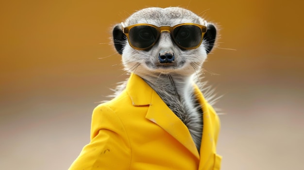 Meerkat com óculos de sol e um casaco amarelo