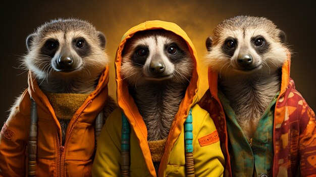 Meerkat em um grupo com uma roupa fashion Generative Ai