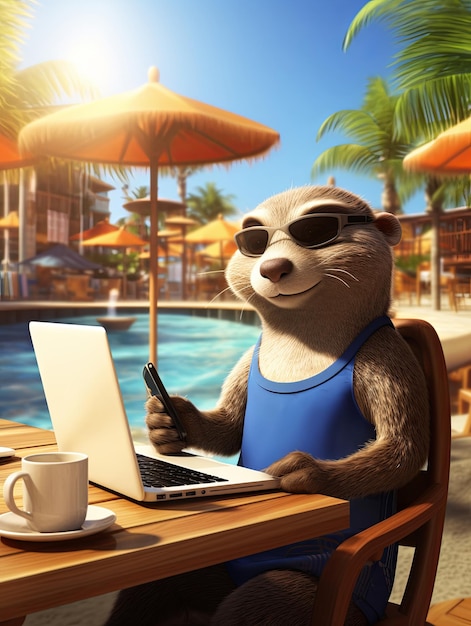 Meerkat in Sonnenbrille arbeitet am Pool