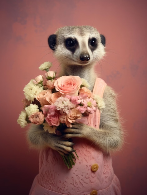 Meerkat con un ramo vestido elegantemente