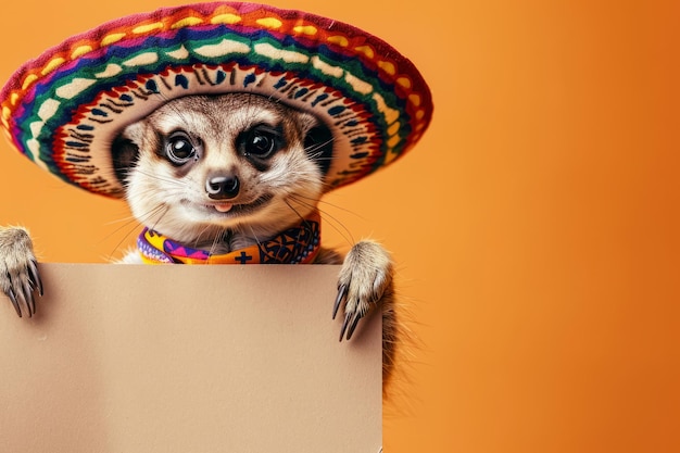 Meerkat con un sombrero mexicano sosteniendo un letrero en blanco
