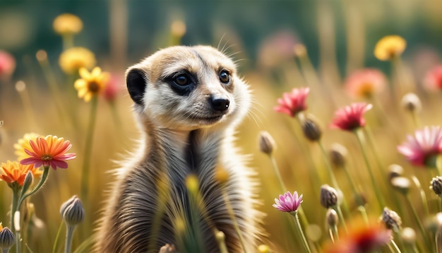 Meerkat unter Blumen Meerkat spielt bei Sonnenuntergang unter den Blumen