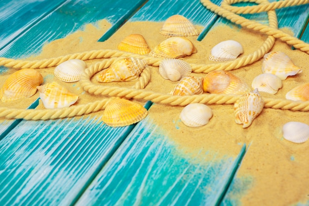 Meersand und Muscheln auf blauem Bretterboden