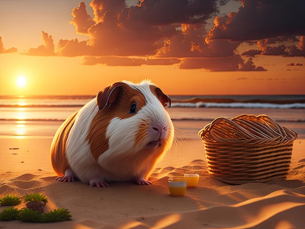 Meerschweinchen ist im Sommerurlaub bei Seaside Ai Generative