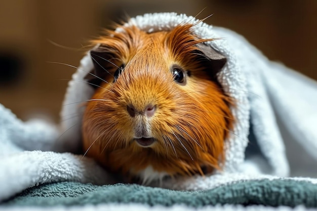 Meerschweinchen nach Shampoo Generative AI in Handtuch gewickelt