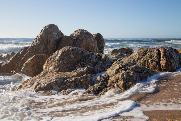 Foto meerwasser, das am strand von senhora da hora ankommt, felsen am meer. in portugal