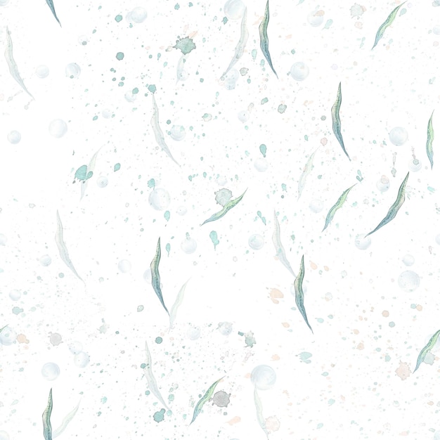 Foto meerwasseralgen und blasen aquarellillustration nahtloses muster auf weißem hintergrund aus der kollektion medusa and sea horse für stoff, textil, tapete, papier, verpackungsdesign und dekor