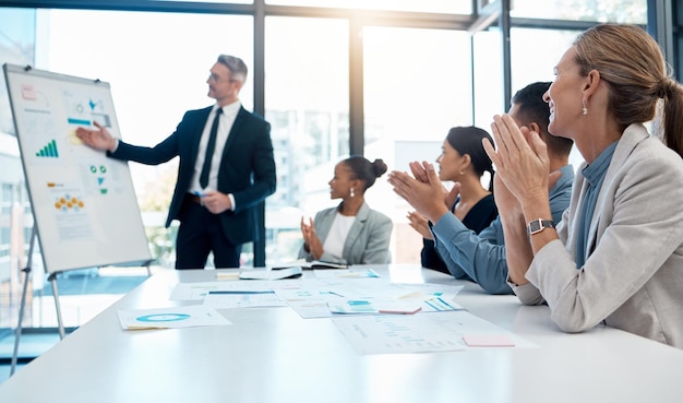 Meeting-Präsentation und Applaus mit einem Geschäftsmann, der sein Team während eines Vorstandsworkshops schult. Führungsausbildung und -strategie mit einem CEO-Manager oder einer Führungskraft, die seine Mitarbeiter coacht