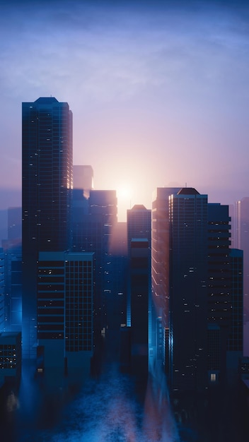 mega ciudad capital con reflejo de luz desde el amanecer en las ventanas de los edificios