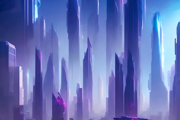 Mega ciudad cibernética de la futura escena del paisaje, ilustración colorida