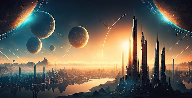 Mega-Hauptstadt futuristische Scifi-Stadt Hintergrund Scifi-Landschaft fantastisch Alien Generative AI