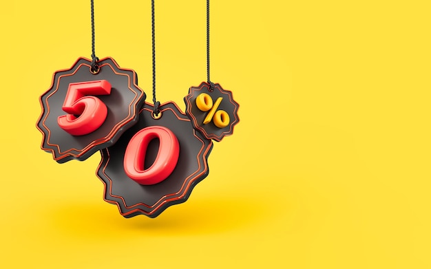 Mega venda oferece 50% de desconto em compras conceito de renderização 3d de fundo amarelo para banner de venda