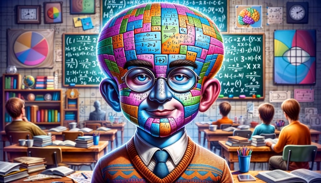 Foto megabrain personaje de dibujos animados científico genio matemático físico