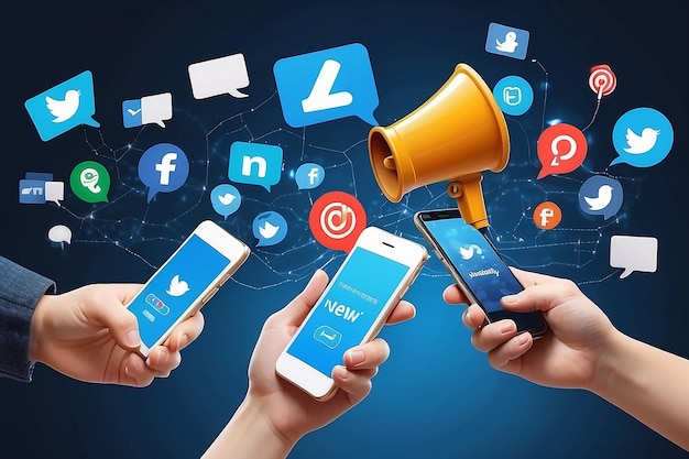 Megafón compartiendo mensajes publicitarios en las redes sociales en un teléfono inteligente que atrae a usuarios y nuevos clientes
