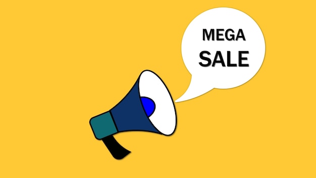 Megafon mit MEGA SALE-Sprachblase auf gelbem Hintergrund