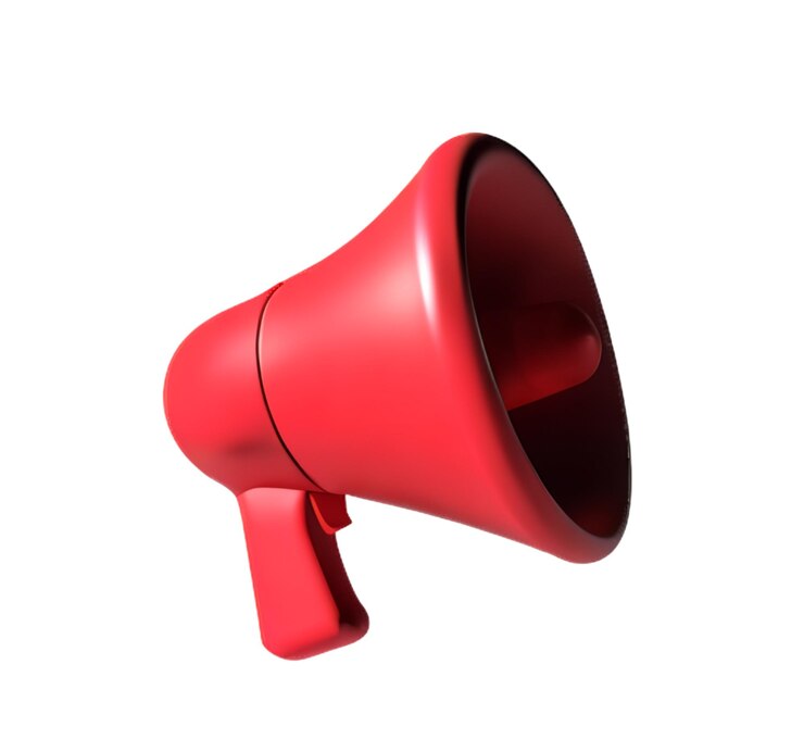 Megafón plástico anuncio 3D equipo de comunicación volumen de sonido fuerte icono rojo