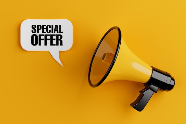 Megafone amarelo com oferta especial Sign Speech Clouds Chat Bubble Rendering 3D