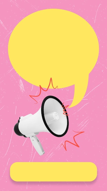 Megafone de design de arte moderna e bolha de mensagem em fundo rosa