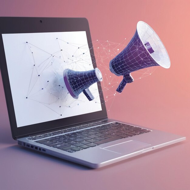 Foto megafone de mão saindo de um laptop marketing digital