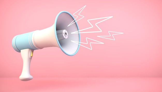 Megafone de renderização 3d em fundo rosa com ilustrações de relâmpagos