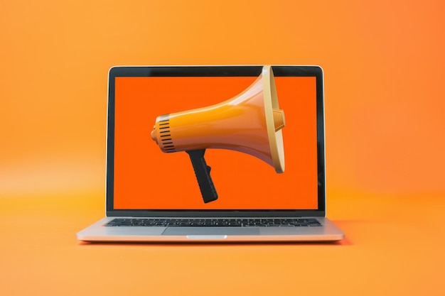 Foto megafone na tela do laptop com fundo laranja generative ai